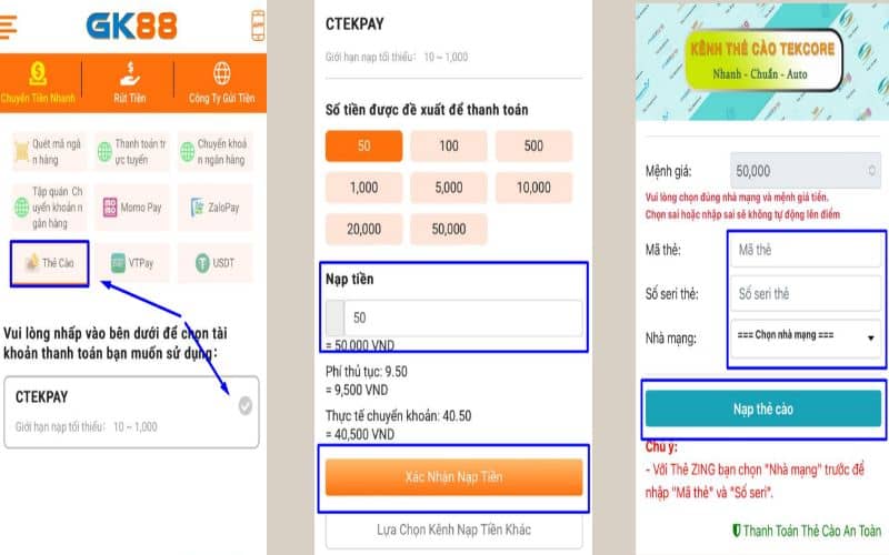 Các bước nạp tiền GK88 bằng thẻ cào điện thoại