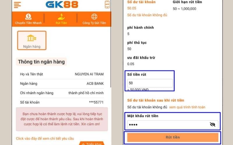Nhập số tiền và hoàn tất giao dịch rút tiền GK88